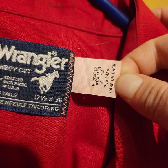 Vintage 80s Wrangler 17.5 X 36 Long Tail Cowboy Cut Red Western Shirt Pearl Snap - Picture 7 of 8